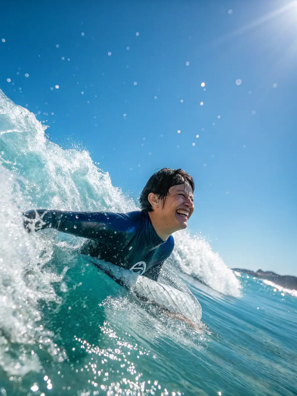 A beginner surfer successfully riding a wave on a wide, stable longboard, showcasing the ease and enjoyment of learning on the right equipment. The surfer is smiling and appears confident, with clear blue water and sunny skies in the background.